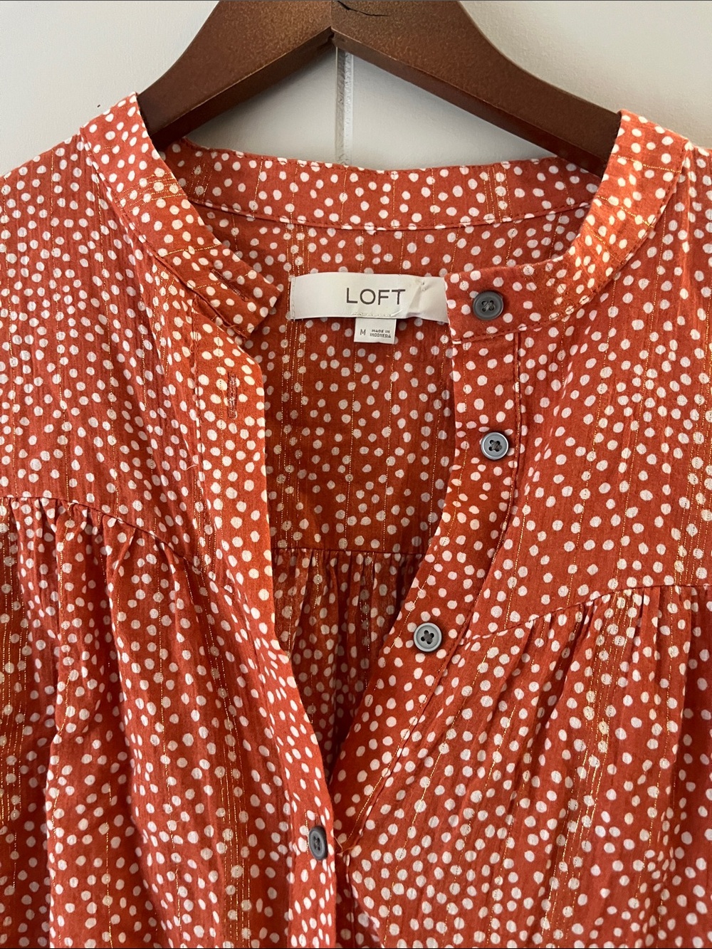 LOFT Rust Orange Dot Button-Front Blouse - Picture 3 of 13